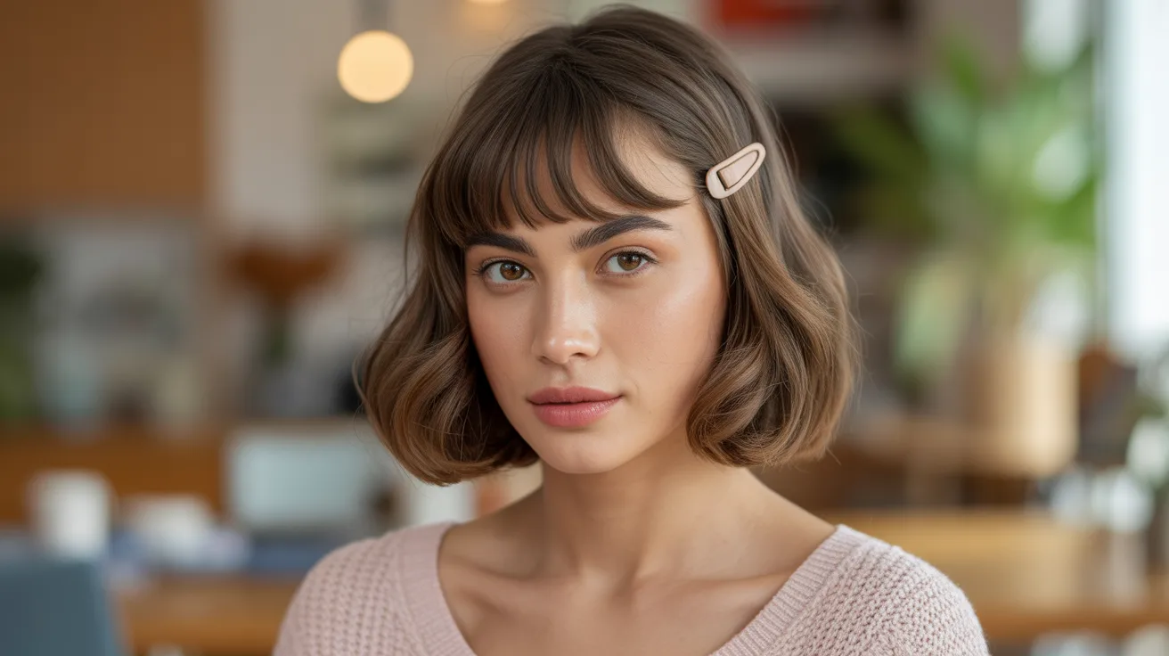 Curtain Bangs Wolf Cut Styled With a Hair Clip