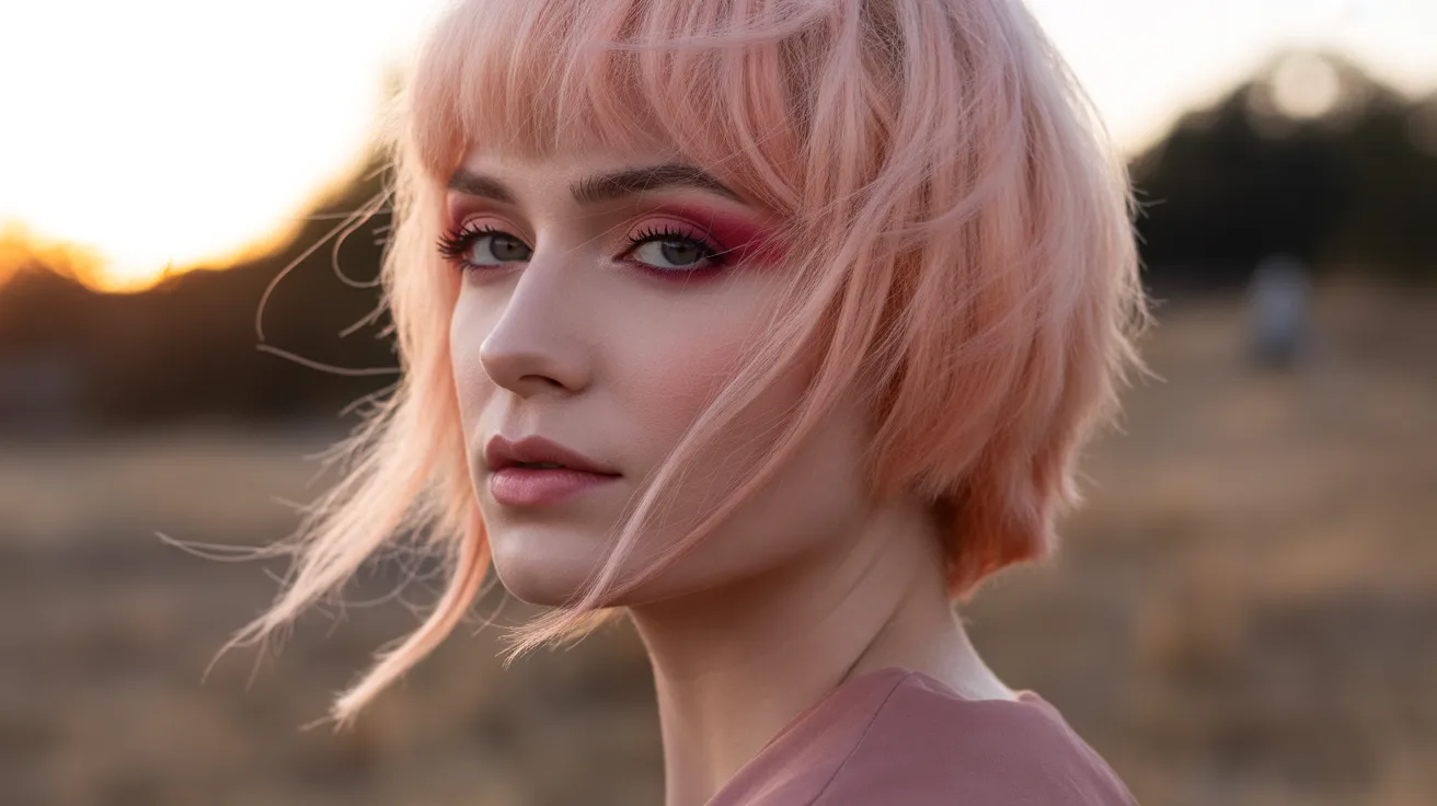 Rose Gold Blonde Wolf Cut with Long Bangs