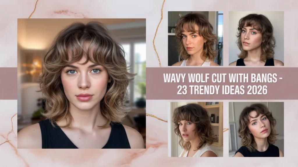 oung woman with layered wavy wolf cut and soft bangs styled in a modern textured look for 2026 trends
