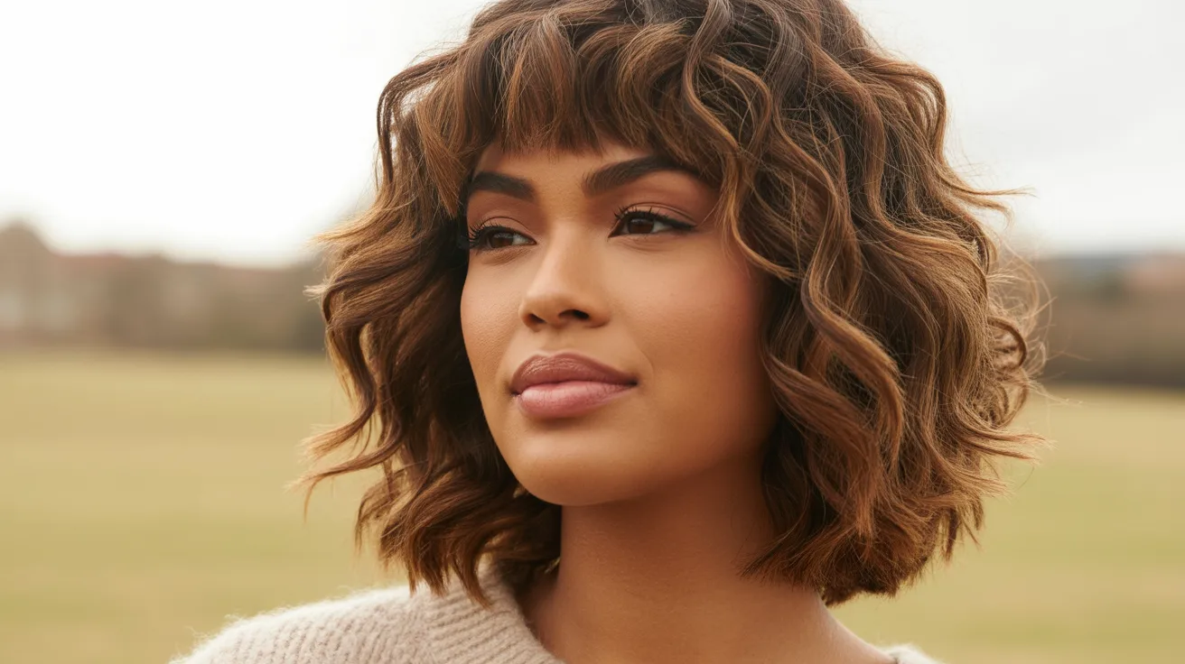 Wavy Wolf Cut With Bangs in Natural Brown Tones