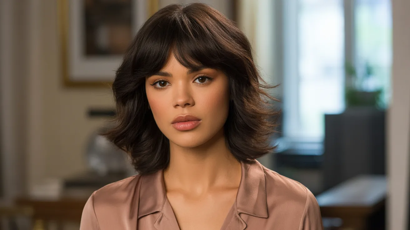 Wolf Cut With Curtain Bangs in a Dark Brunette Shade