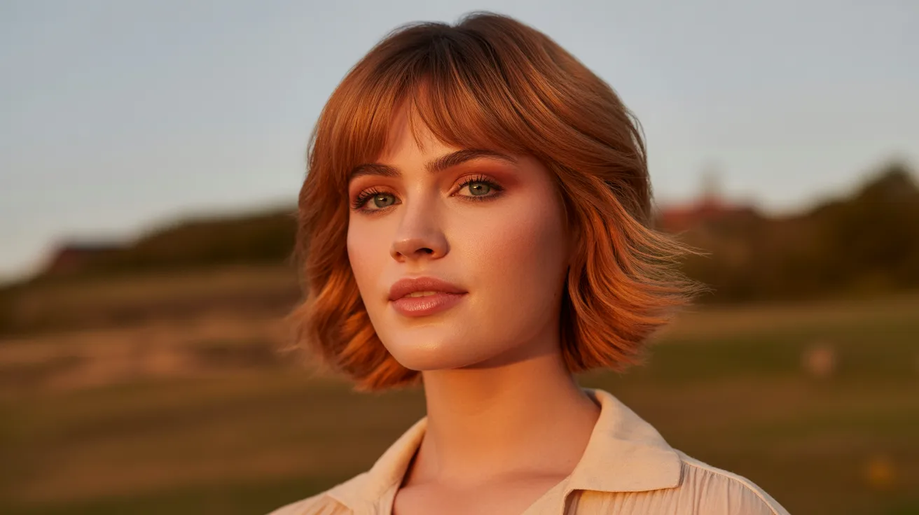 Wolf Cut With Curtain Bangs in Warm Auburn Tones