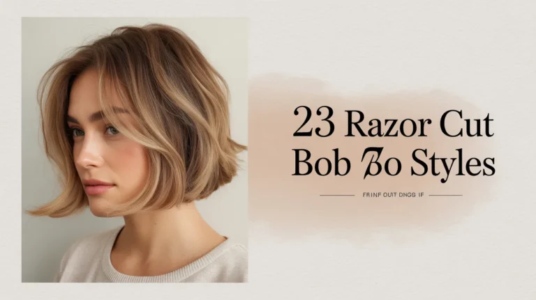 A woman with a sharp razor cut bob hairstyle in ash blonde color styled with textured ends and soft movement.