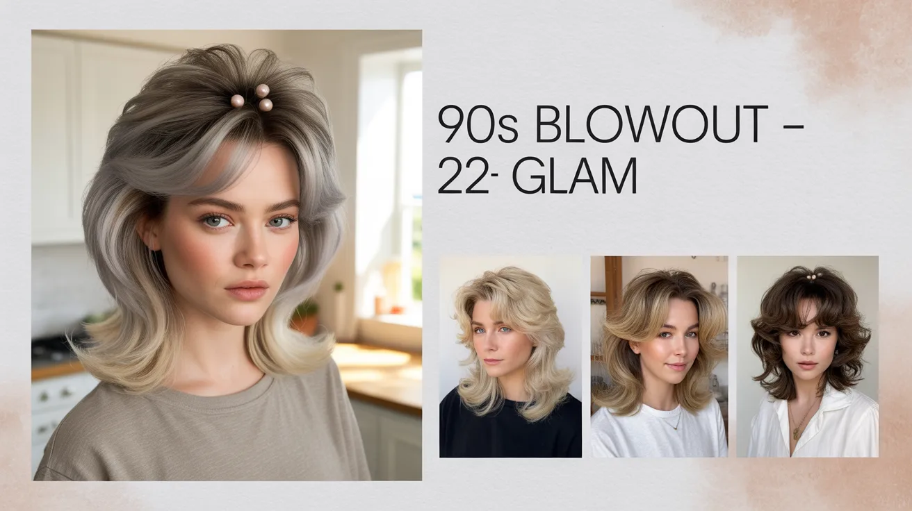 Woman with voluminous 90s blowout hairstyle featuring caramel balayage and soft bouncy curls in natural lighting