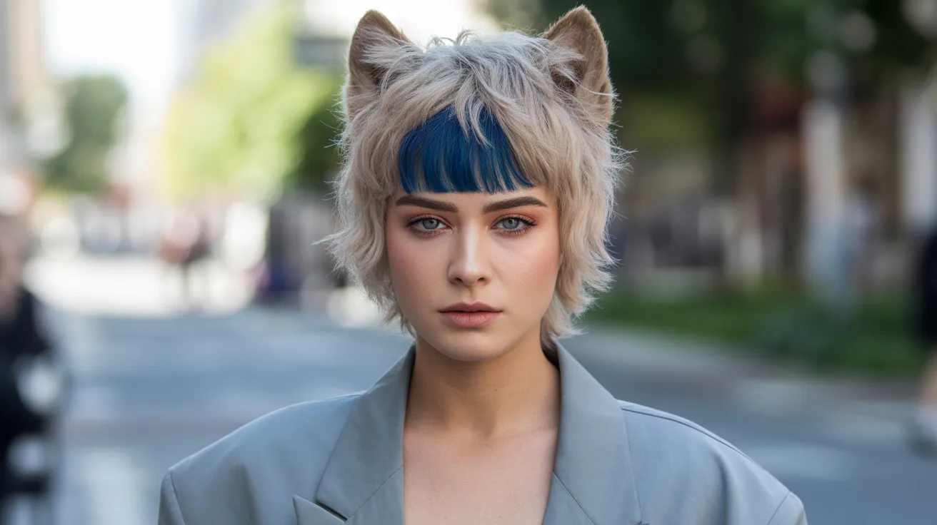 Ash Blonde Wolf Cut with Blue Colored Bangs