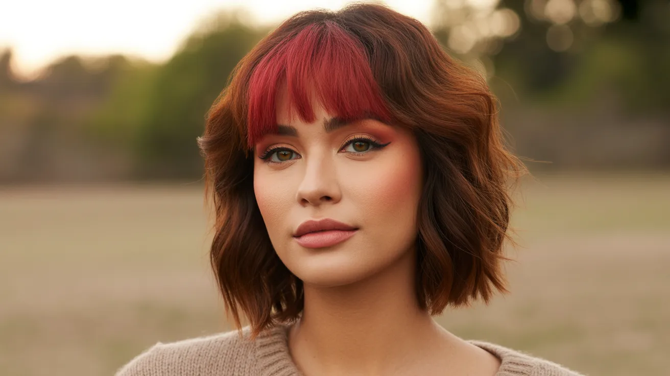 Brunette Wolf Cut with Red Colored Bangs