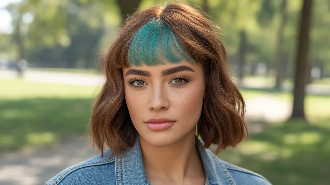 Chestnut Wolf Cut with Colored Bangs in Turquoise
