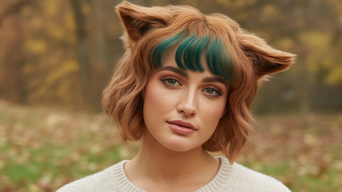 Copper Wolf Cut with Teal Colored Bangs