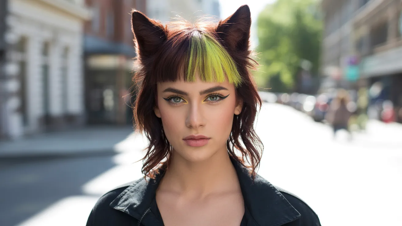 Dark Auburn Wolf Cut with Neon Yellow Colored Bangs