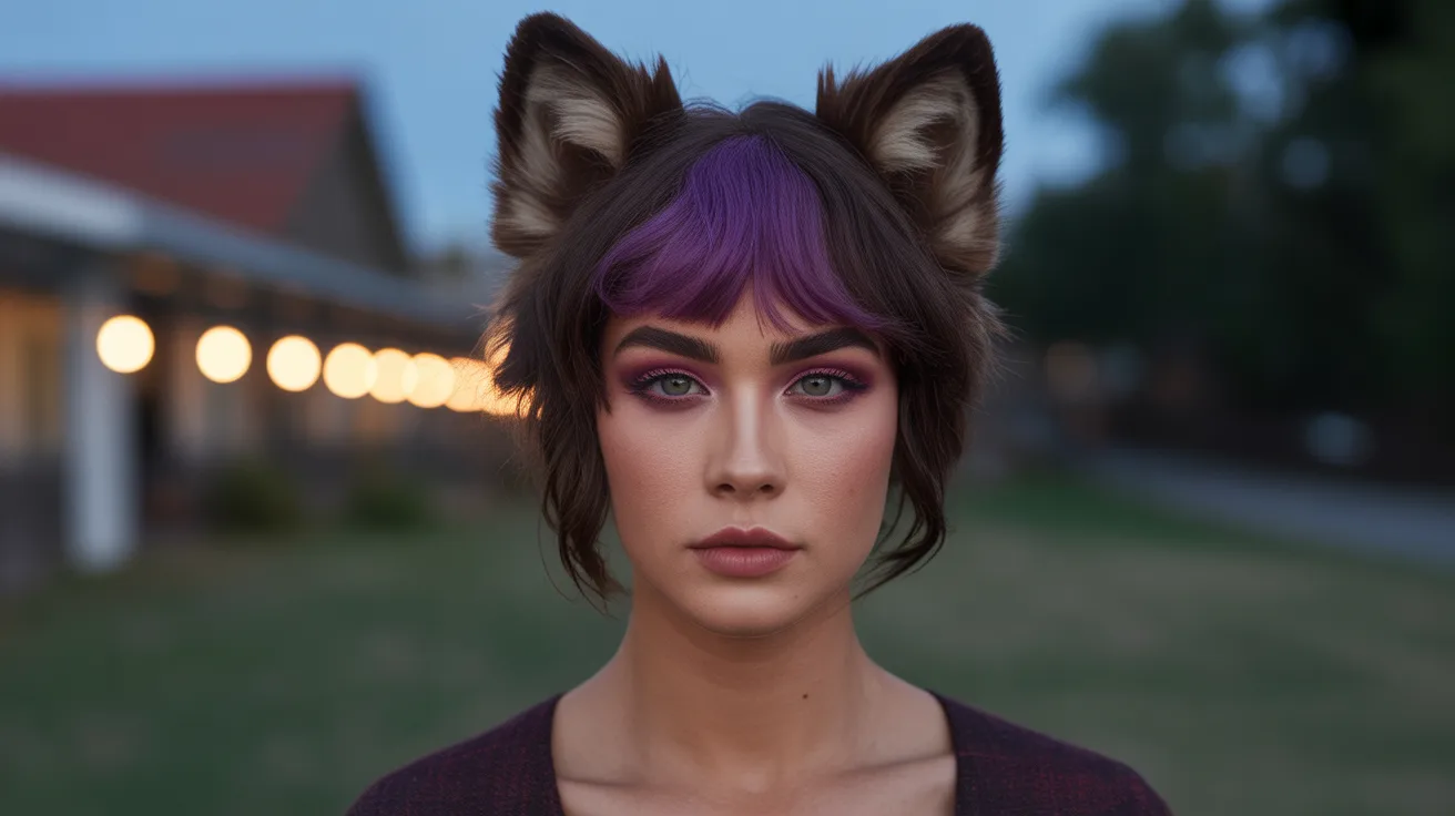 Dark Brown Wolf Cut with Purple Colored Bangs