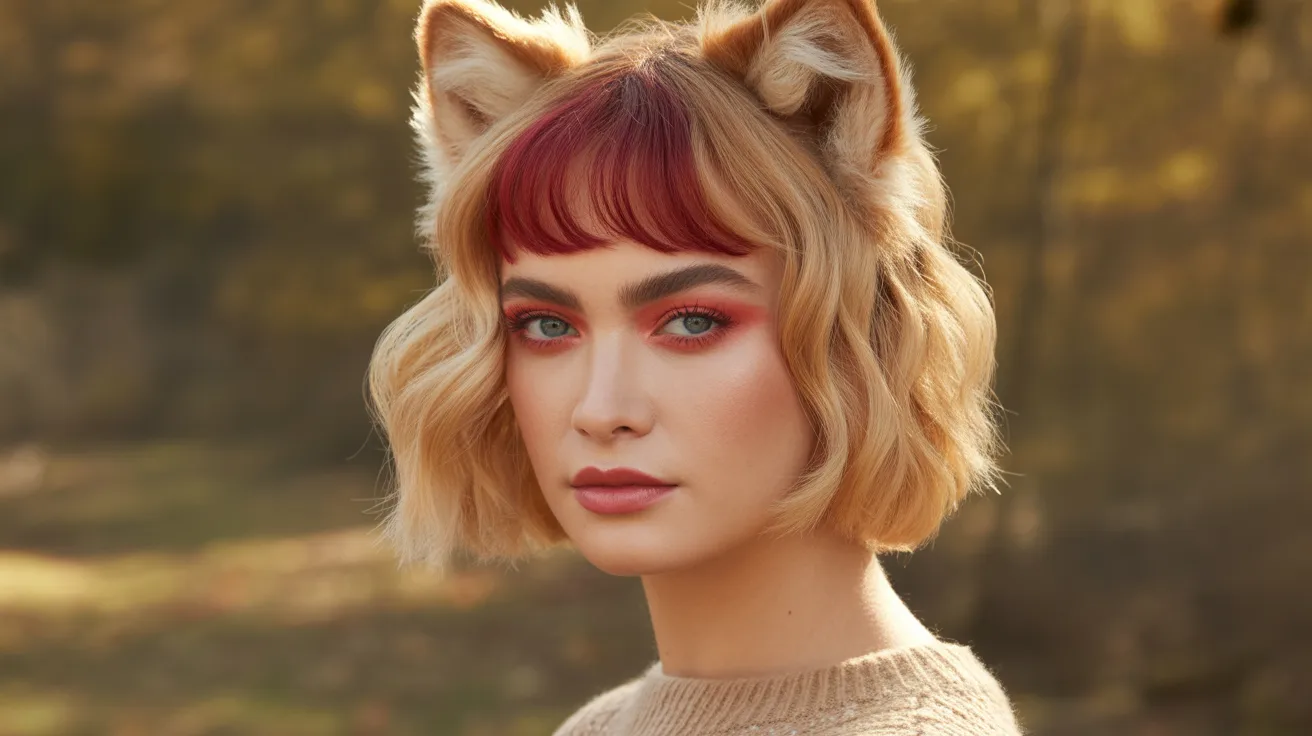 Honey Blonde Wolf Cut with Crimson Colored Bangs