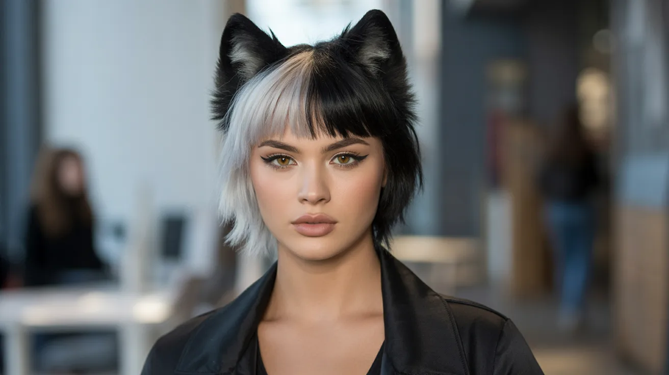Jet Black Wolf Cut with White Colored Bangs