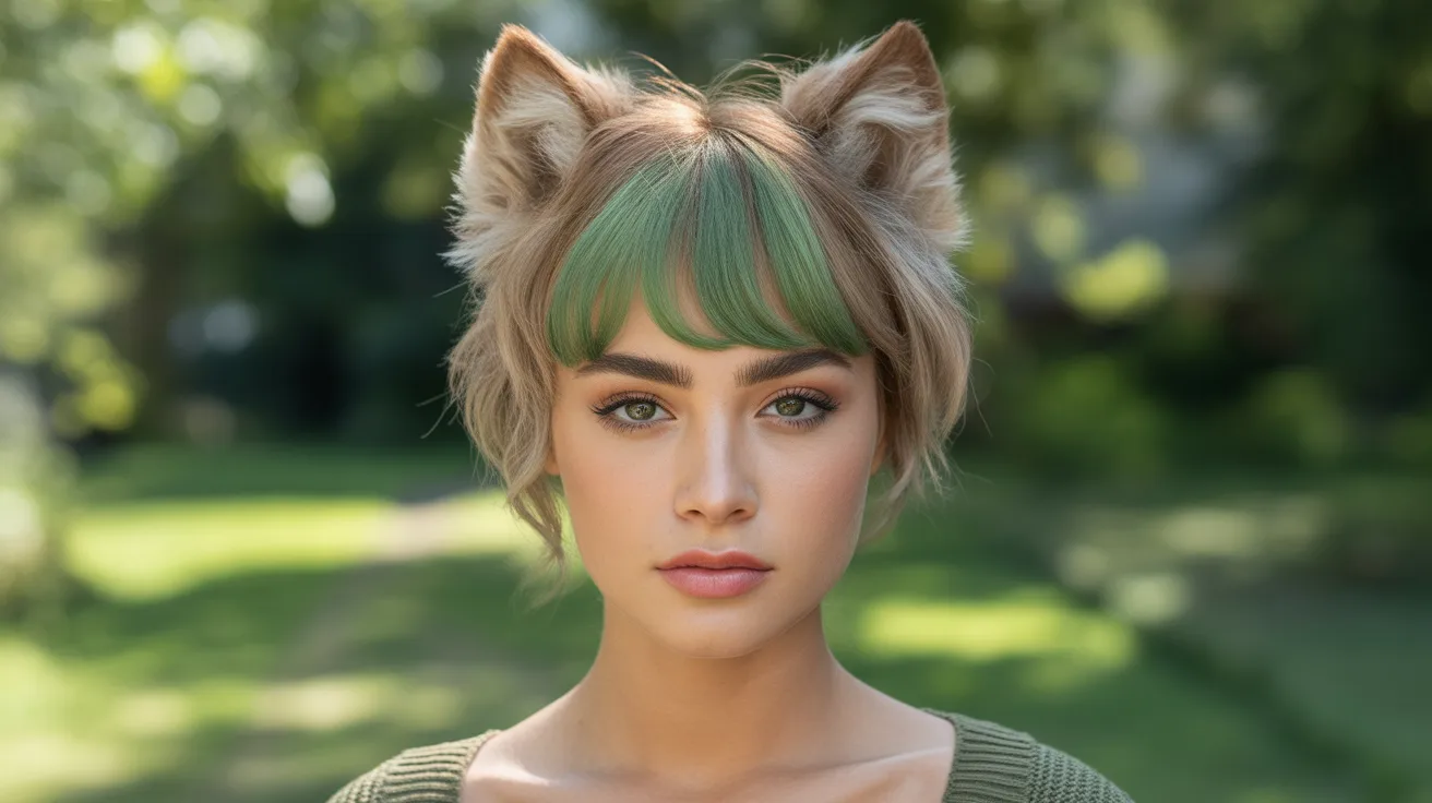 Light Brown Wolf Cut with Green Colored Bangs