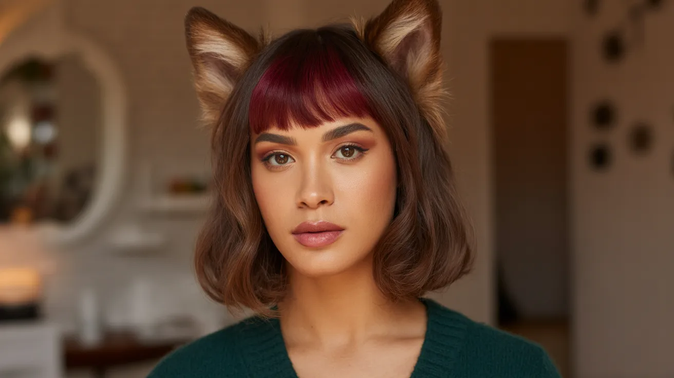 Medium Brown Wolf Cut with Colored Bangs in Burgundy