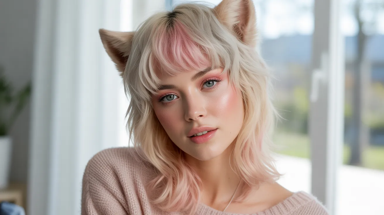 Platinum Wolf Cut with Pastel Pink Colored Bangs