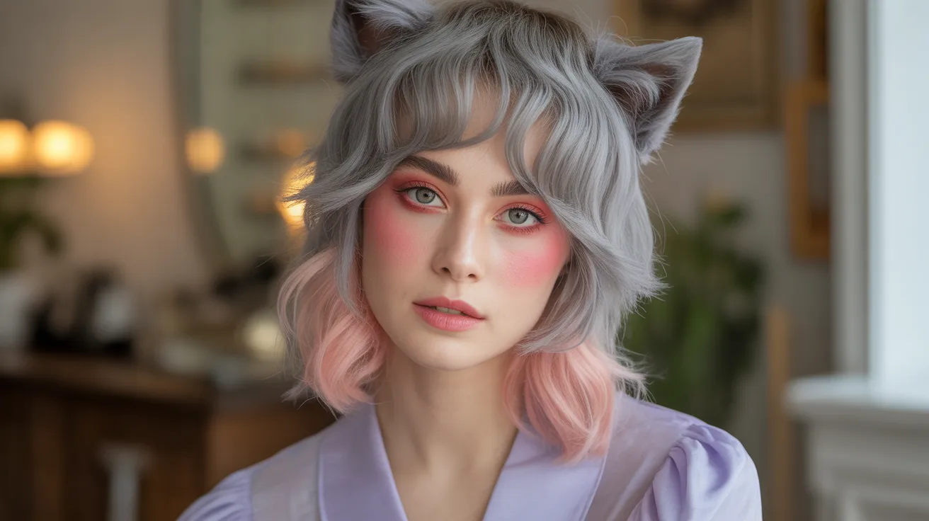 Silver Wolf Cut with Pink Colored Bangs