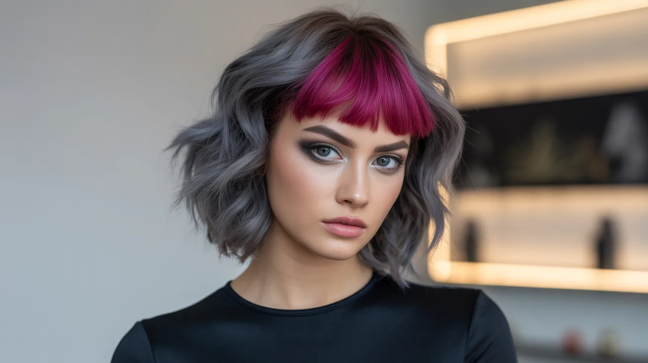 Smoky Grey Wolf Cut with Colored Bangs in Magenta