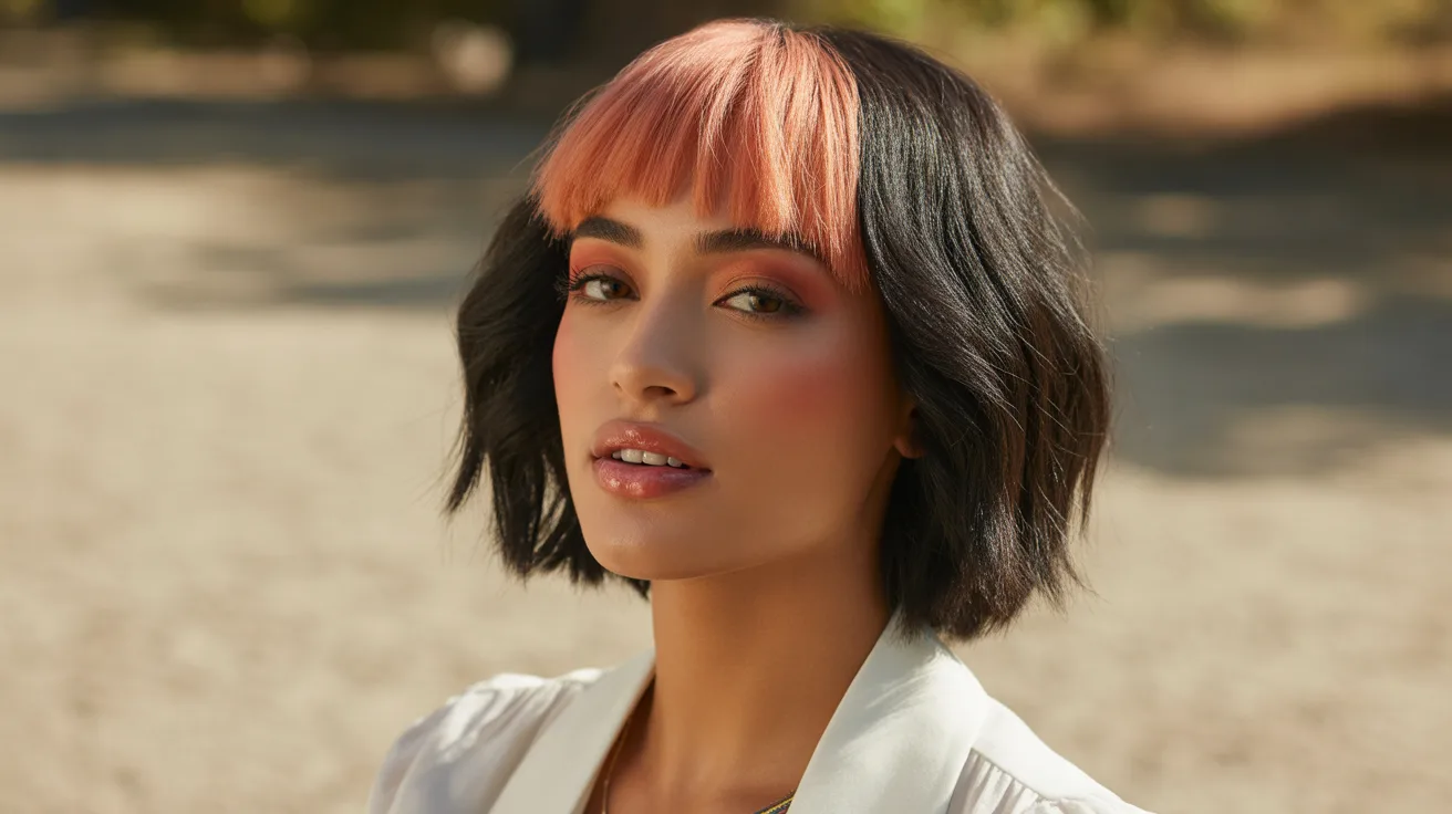 Soft Black Wolf Cut with Coral Colored Bangs