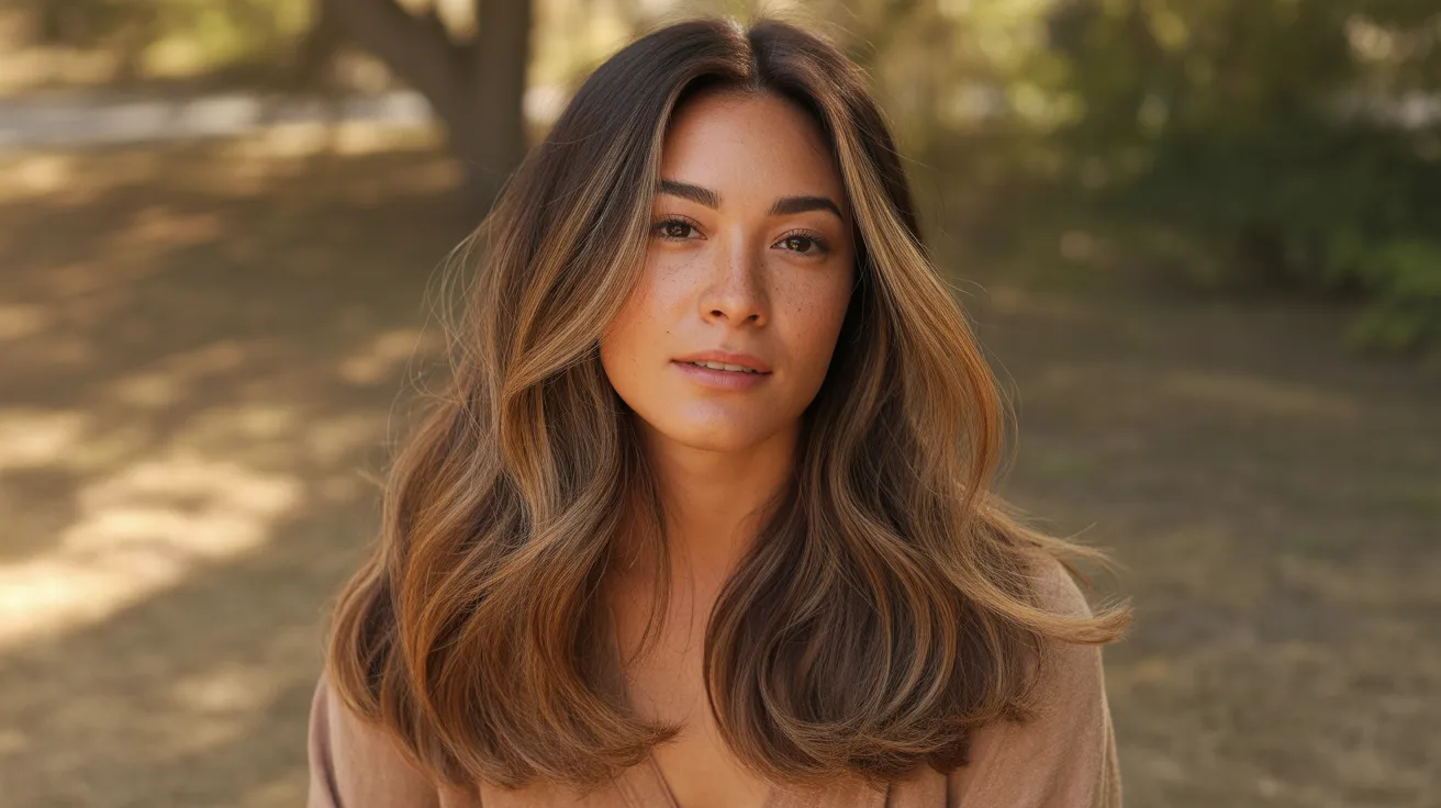 balayage style warm caramel color painted freehand through long brown hair with a seamless sun touched gradient effect