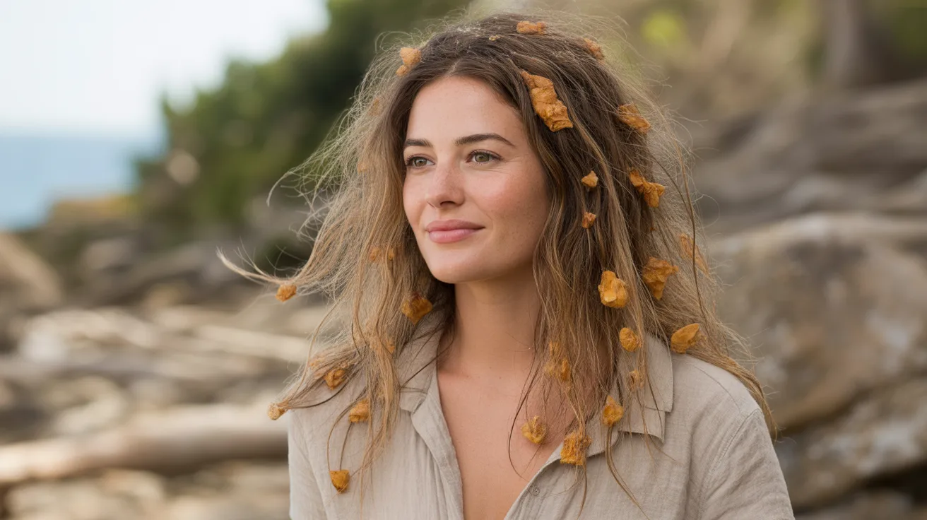 beachy texture caramel color with scattered warm golden brown pieces distributed randomly through tousled air dried hair