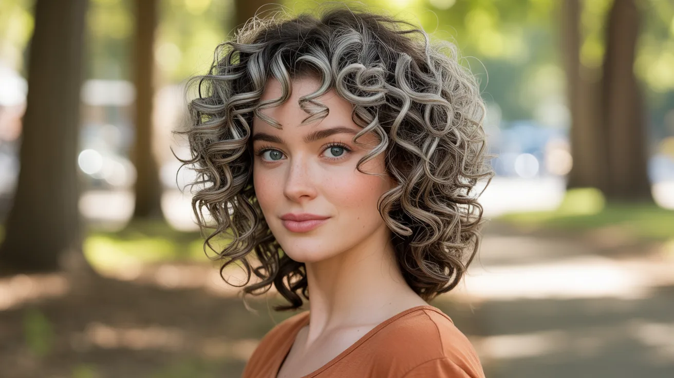 A close up portrait of a woman with silver highlights on naturally curly hair showing how the metallic silver strands follow the spiral curl pattern in dappled outdoor light