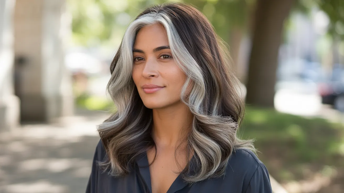 A portrait of a woman showing silver highlights blended seamlessly with dark espresso brown base color in loose natural waves with smooth tonal graduation in soft daylight