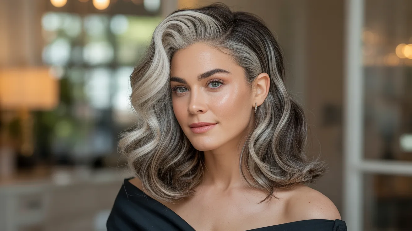A close up portrait of a woman styled with celebrity level silver money piece highlights in a glossy voluminous blowout under warm professional studio style lighting