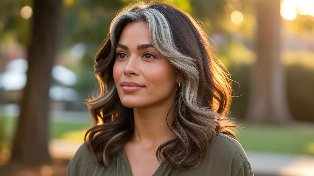 A portrait of a Latina woman showing how to choose the right silver highlights shade for warm skin tone with champagne silver strands framing her face in golden hour light