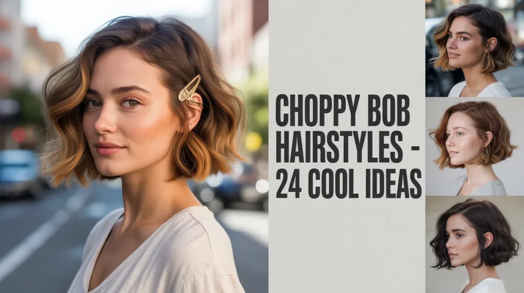 Woman with a textured choppy bob hairstyle in warm caramel brown tones looking away from camera