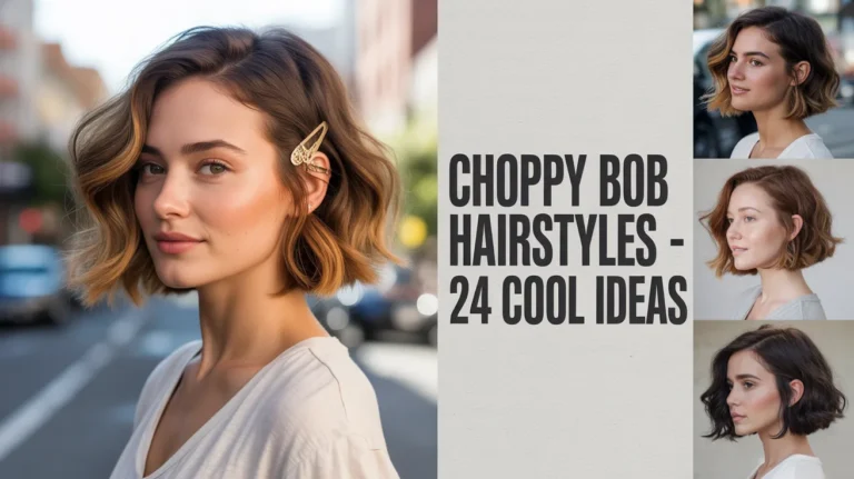 Woman with a textured choppy bob hairstyle in warm caramel brown tones looking away from camera