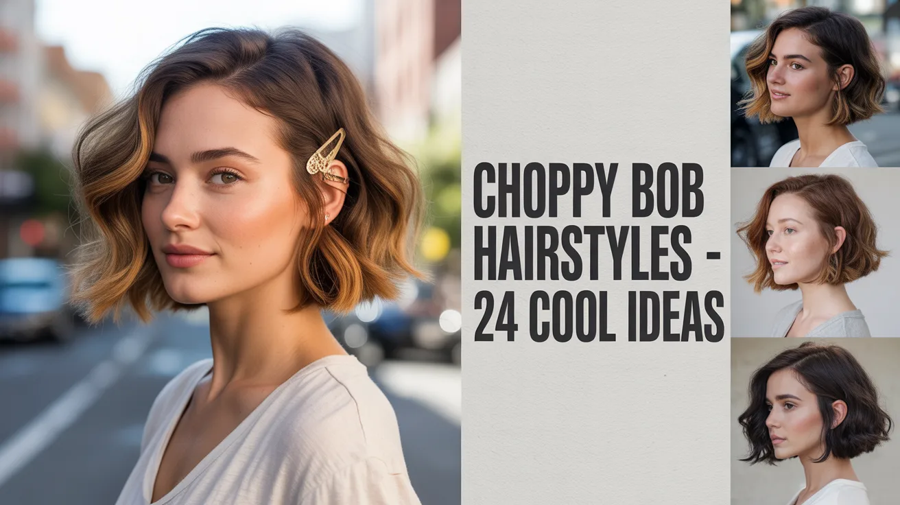 Woman with a textured choppy bob hairstyle in warm caramel brown tones looking away from camera