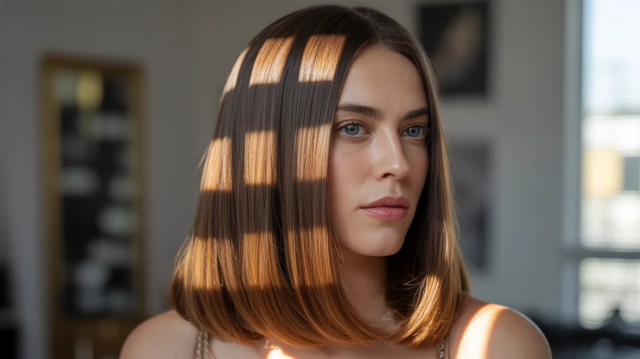 chunky stripe caramel highlights effect showing bold defined warm sections contrasting strongly against a dark brown hair base