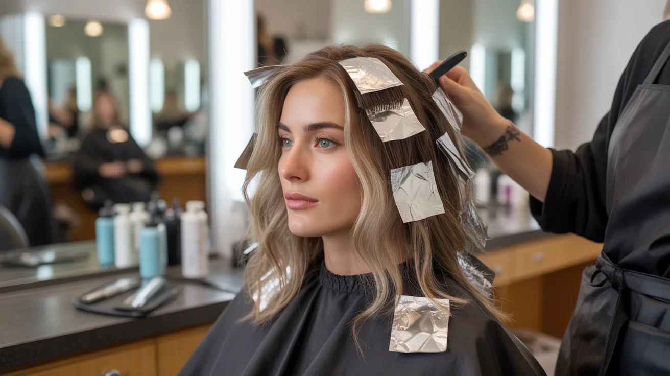 A salon scene showing the cost and process of silver highlights with a client in a salon chair receiving foil highlights from a professional colorist in a real salon environment