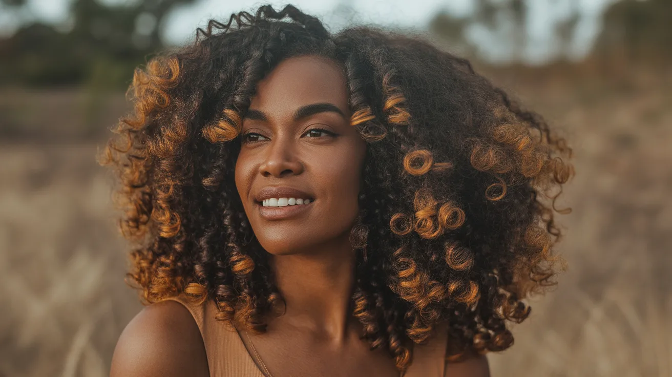 curly texture caramel warmth with warm golden brown tones glowing along the outer edges of full natural curls