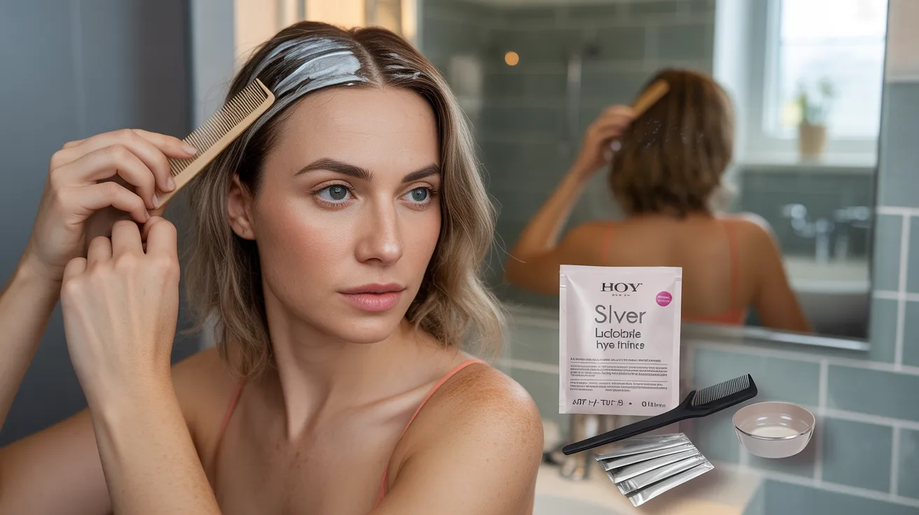A close up portrait of a woman applying a DIY silver highlights kit at home in a real bathroom environment with foil strips and mixing bowl visible on the counter