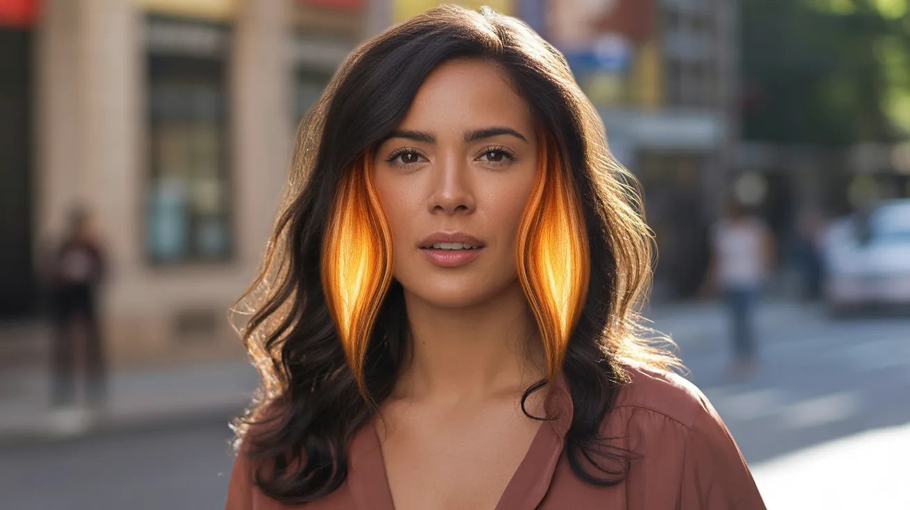 face framing caramel highlight pieces placed along the hairline and temples creating a bright warm glow around the face