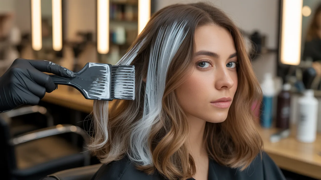 A salon scene showing the difference between foiling and balayage technique for silver highlights with a colorist applying freehand balayage lightener to brown hair