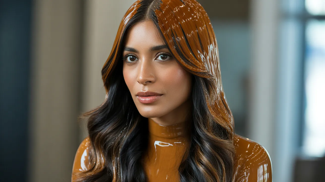 glossy mirror caramel finish showing warm caramel highlighted hair coated in a clear gloss treatment for intense shine and rich color saturation