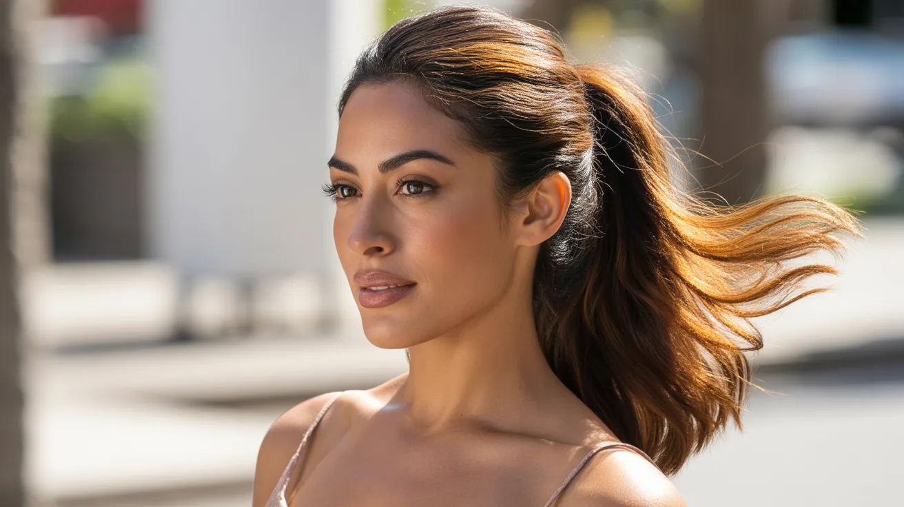 highlighted caramel ponytail look with warm golden brown sections distributed through a ponytail for a dimensional polished pulled back style