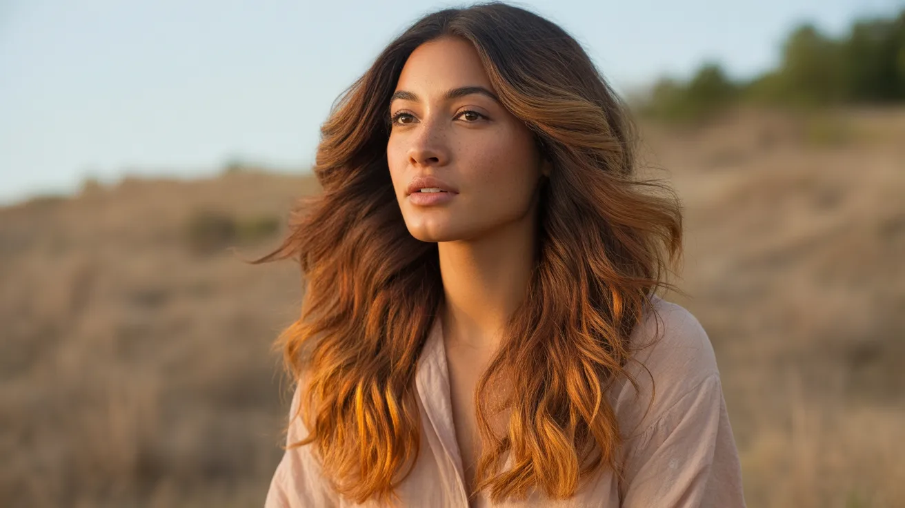 honey toned caramel ends on long hair with a natural warm gradient from medium brown roots to glowing amber tips