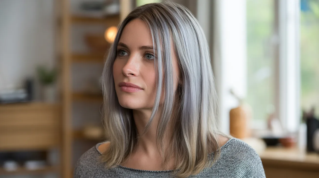 A portrait of a woman showing silver highlights at five weeks post salon with subtle warmth shift beginning at the ends of cool silver streaked medium brown hair