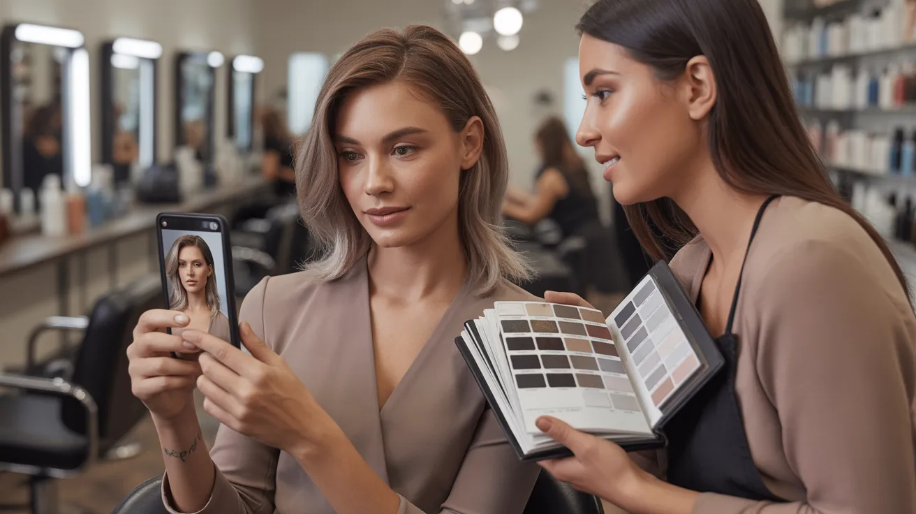 A salon consultation scene showing a woman showing a silver highlights reference photo on her phone to a colorist holding open a color swatch book with silver and platinum tones