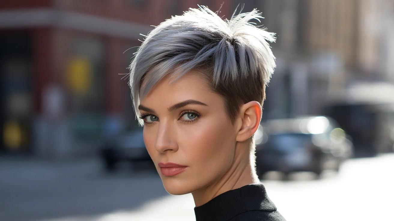 A close up portrait of a woman with silver highlights on a short textured pixie cut showing bright icy silver sections against dark charcoal brown base in directional studio light