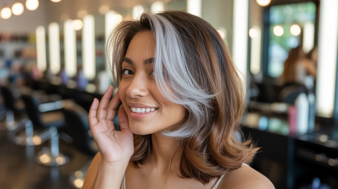 A close up portrait of a mixed heritage woman with fresh salon silver highlights smiling with satisfaction while touching her newly colored hair in a warm real salon environment
