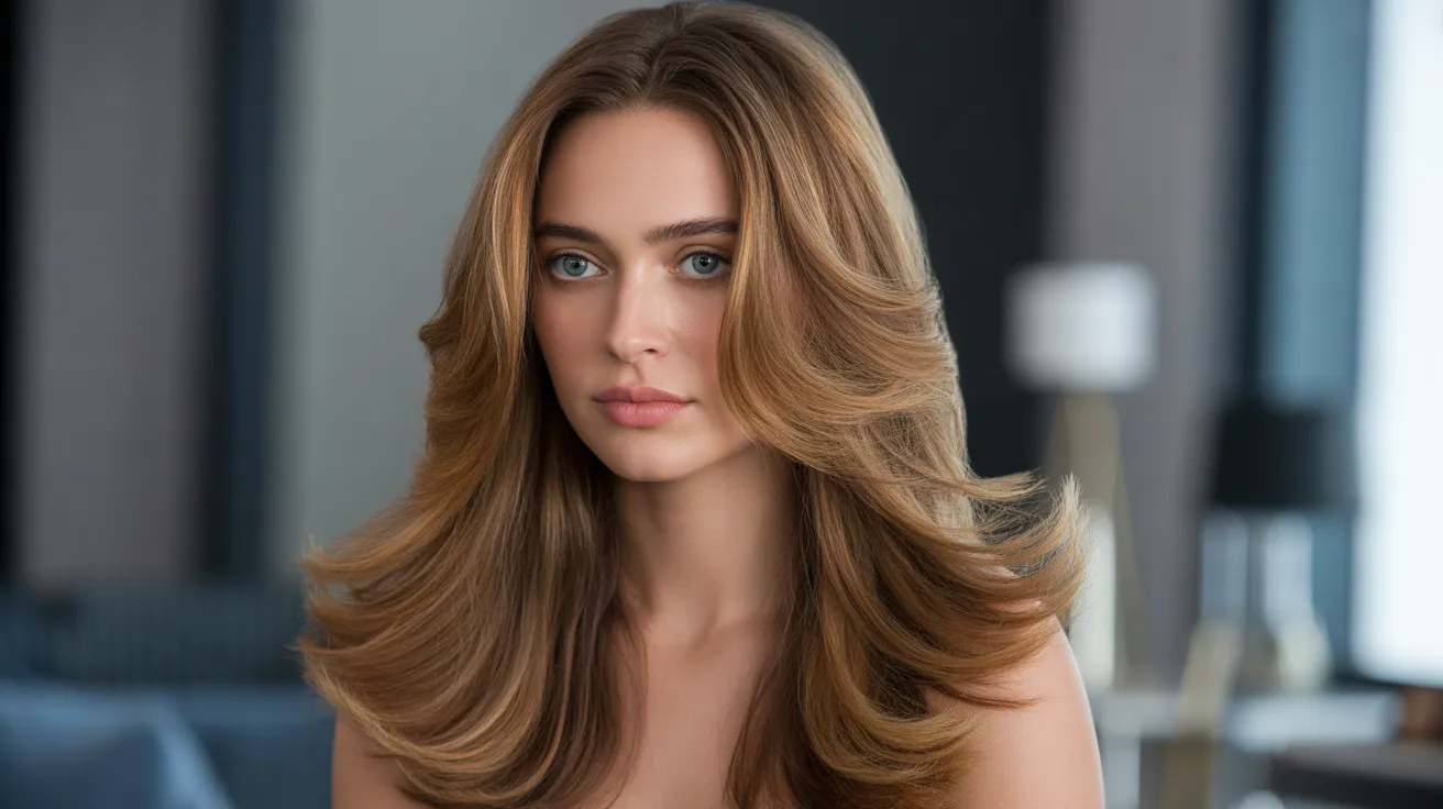 layered depth caramel highlights finish with warm tones placed at multiple levels through thick long hair creating a rich three dimensional result