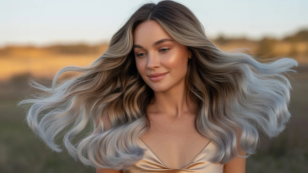 A close up portrait of a woman with silver highlights on long waist length hair styled in loose romantic waves with icy silver balayage catching warm golden hour side light