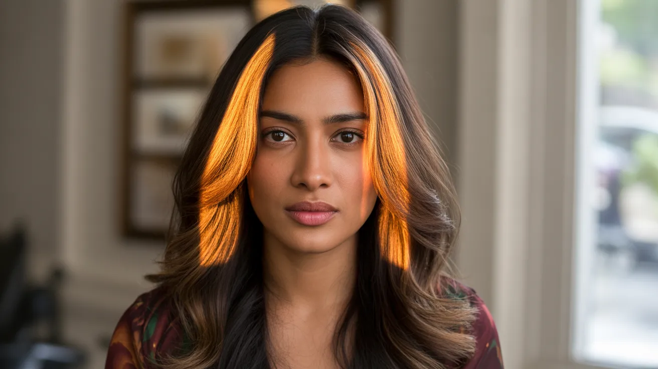 money piece caramel highlights look with two bold warm golden brown sections framing the face against a dark brown base