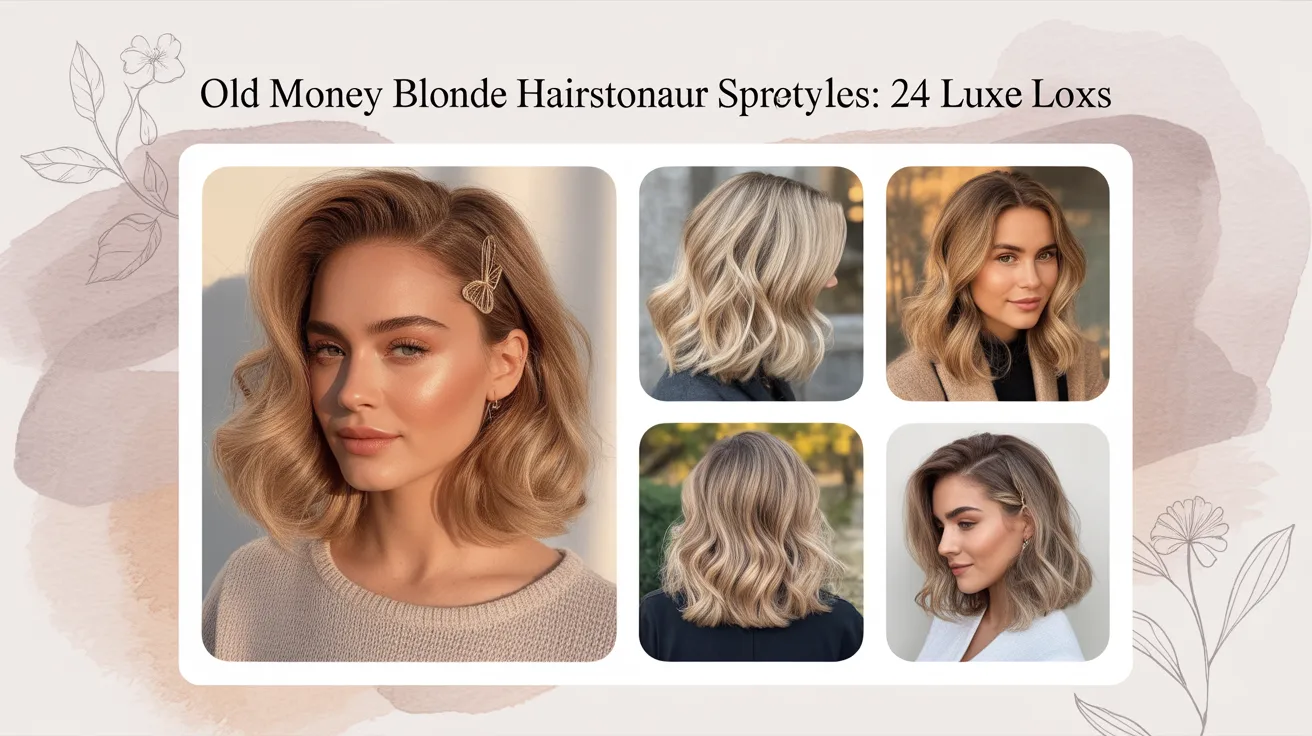 A collage of elegant women showcasing various sophisticated old money blonde hairstyles in a lifestyle setting.