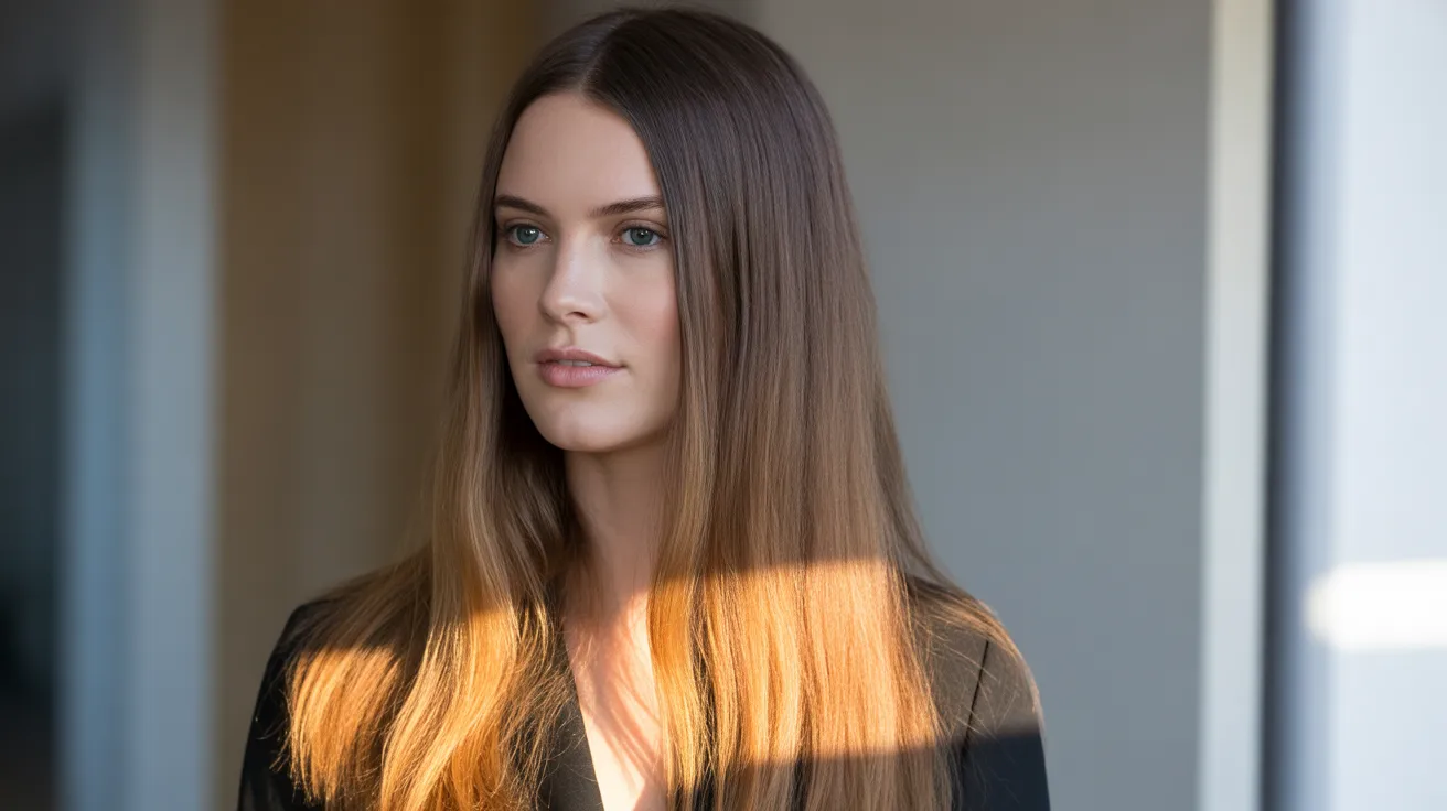ombre gradient caramel effect on long straight hair transitioning smoothly from dark brown roots to warm golden caramel ends