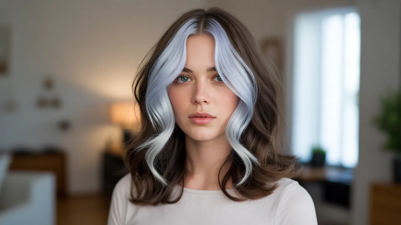 A close up portrait of a woman showing silver highlight placement styles with bold face framing money piece silver sections against dark brown base hair in soft window light